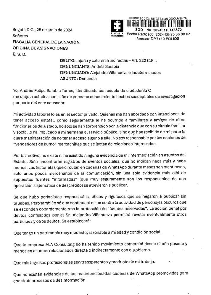 DENUNCIA DE ANDRÉS FELIPE SARABIA, HERMANO DE LAURA SARABIA, ANTE LA FISCALÍA