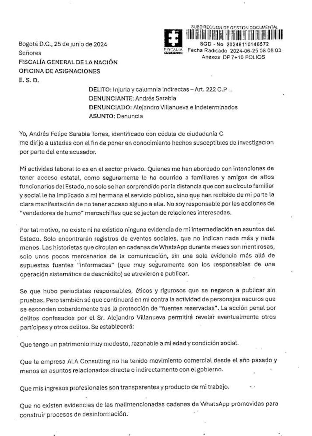 DENUNCIA DE ANDRÉS FELIPE SARABIA, HERMANO DE LAURA SARABIA, ANTE LA FISCALÍA