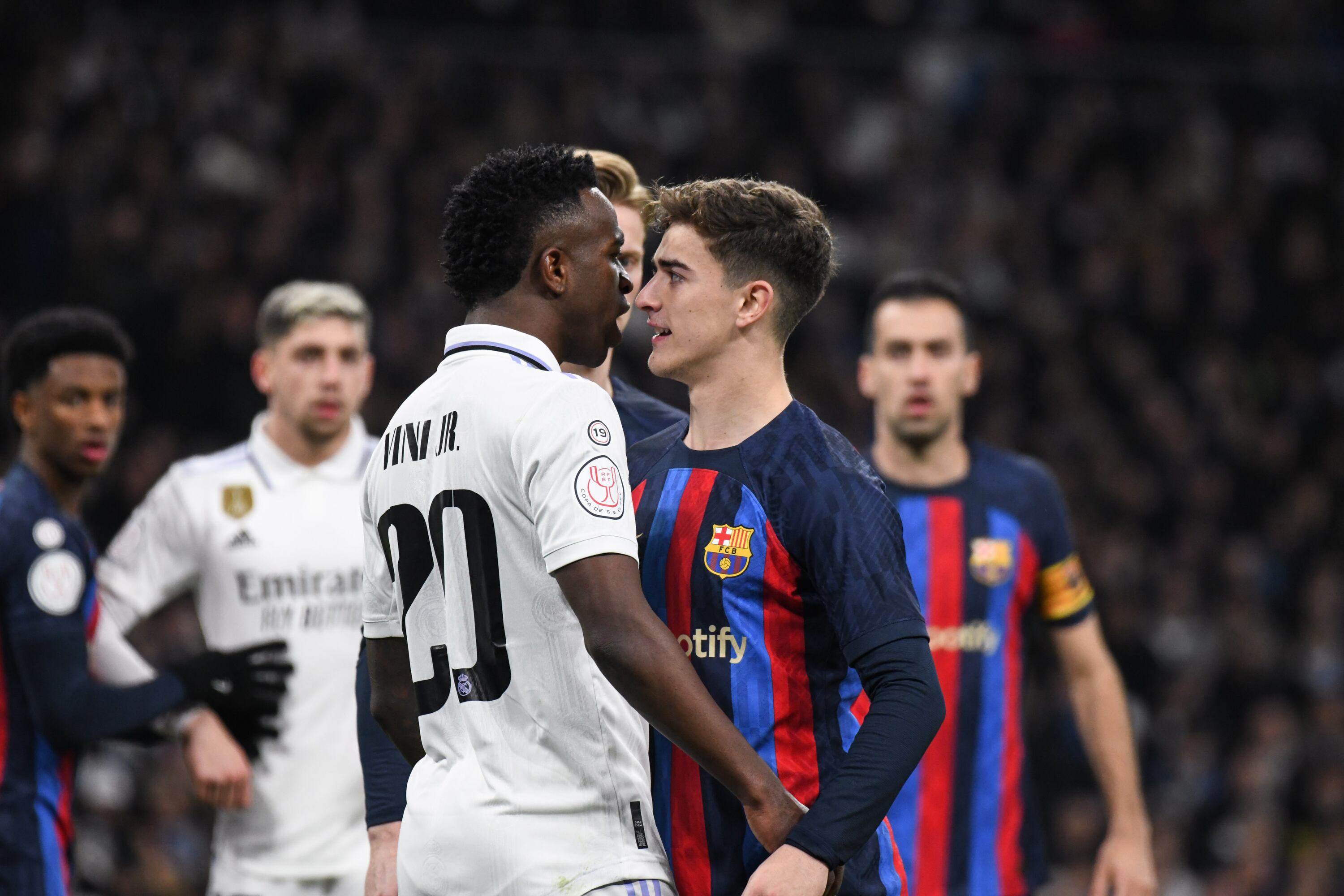 MADRID, SPAIN - MARCH 2: Real Madrid CF Player Vinicius Jr faces off FC Barcelona Gavi during the Copa Del Rey match between FC Barcelona and Real Madrid CF on March 2, 2023, at Santiago Bernabeu Stadium in Madrid, Spain. (Photo by Sara Aribo/PxImages/Icon Sportswire via Getty Images)