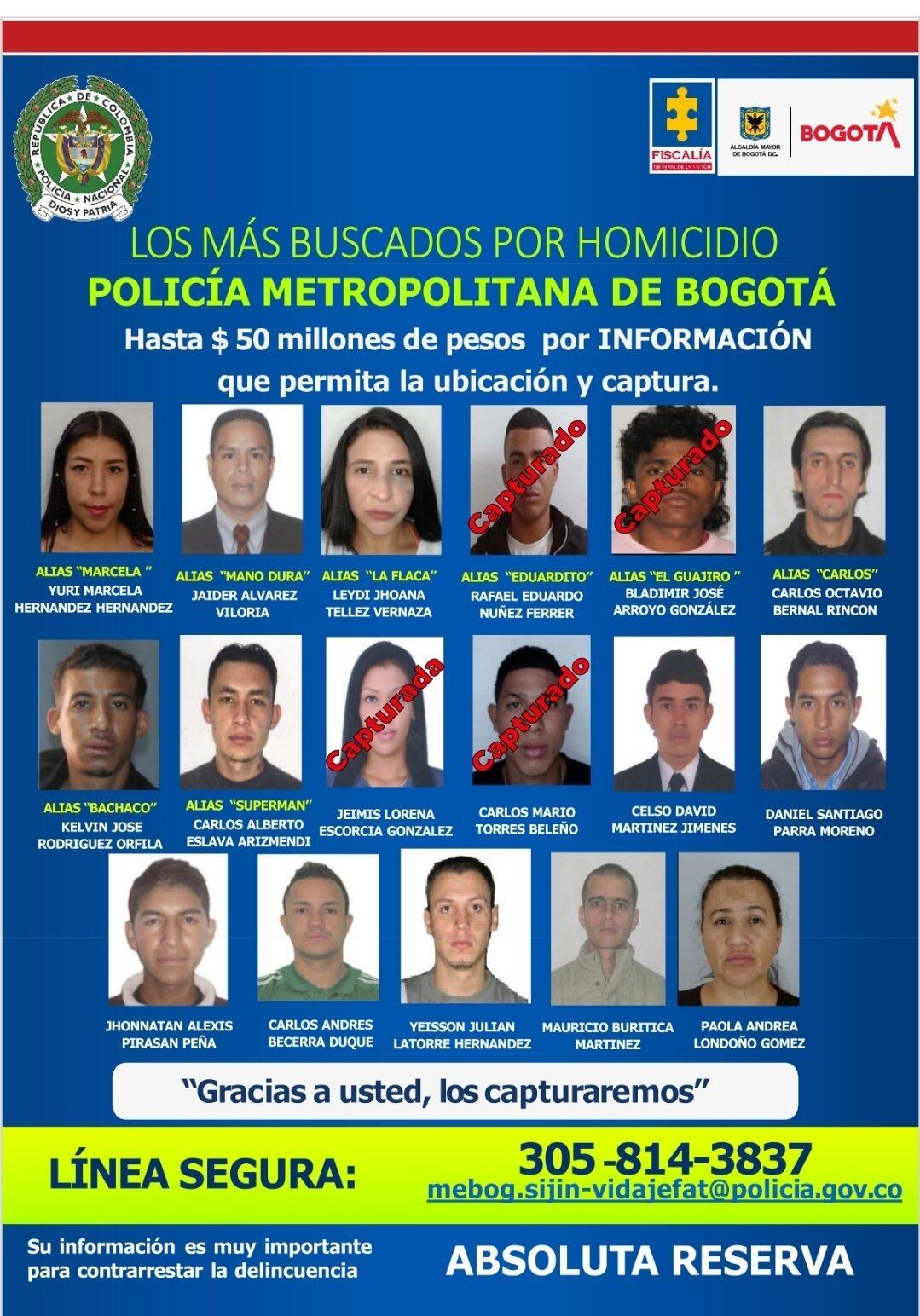 Cartel de los más buscados en Bogotá por homicidio