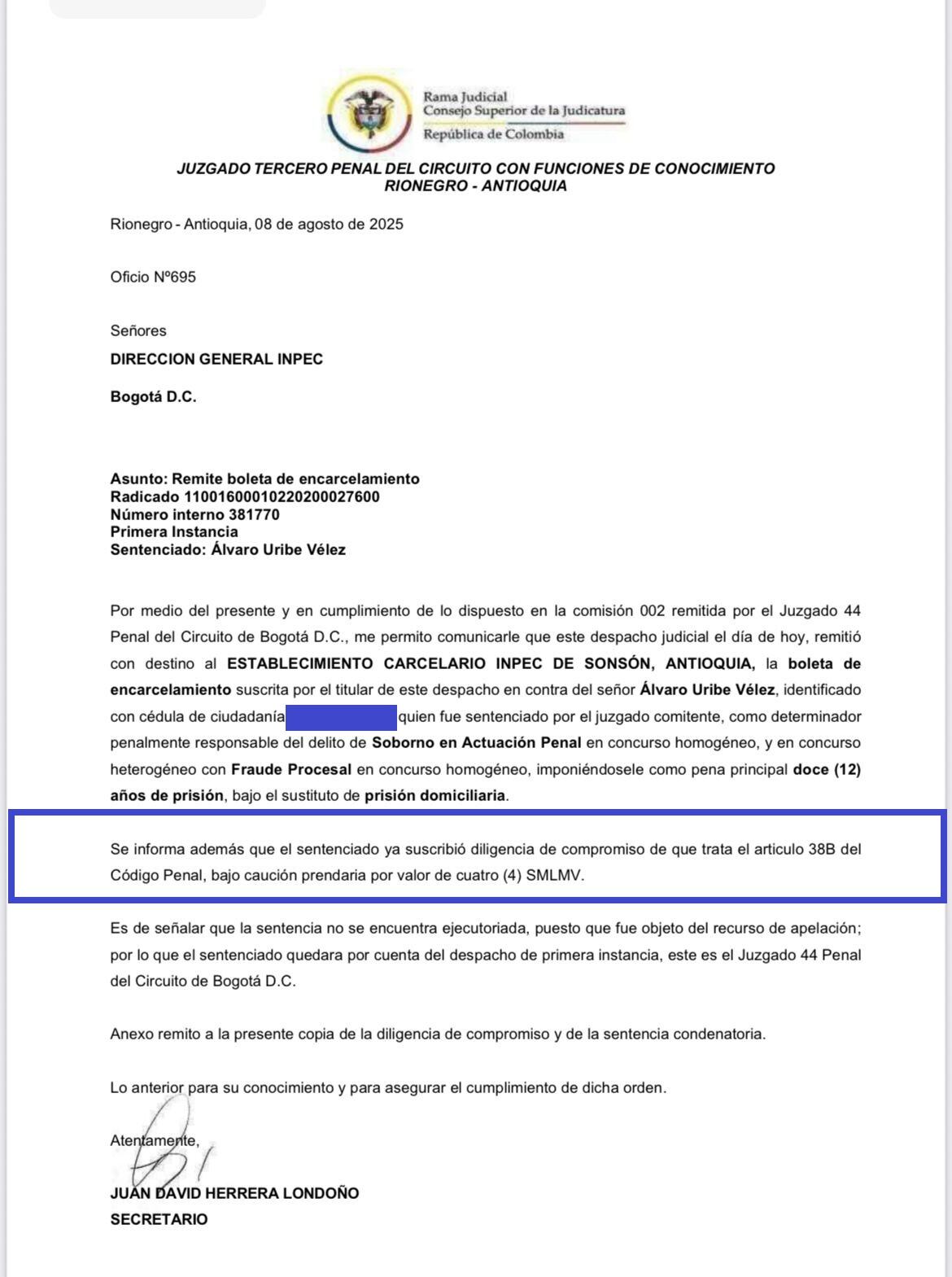Esta es la boleta de encarcelamiento del expresidente Álvaro Uribe Vélez.