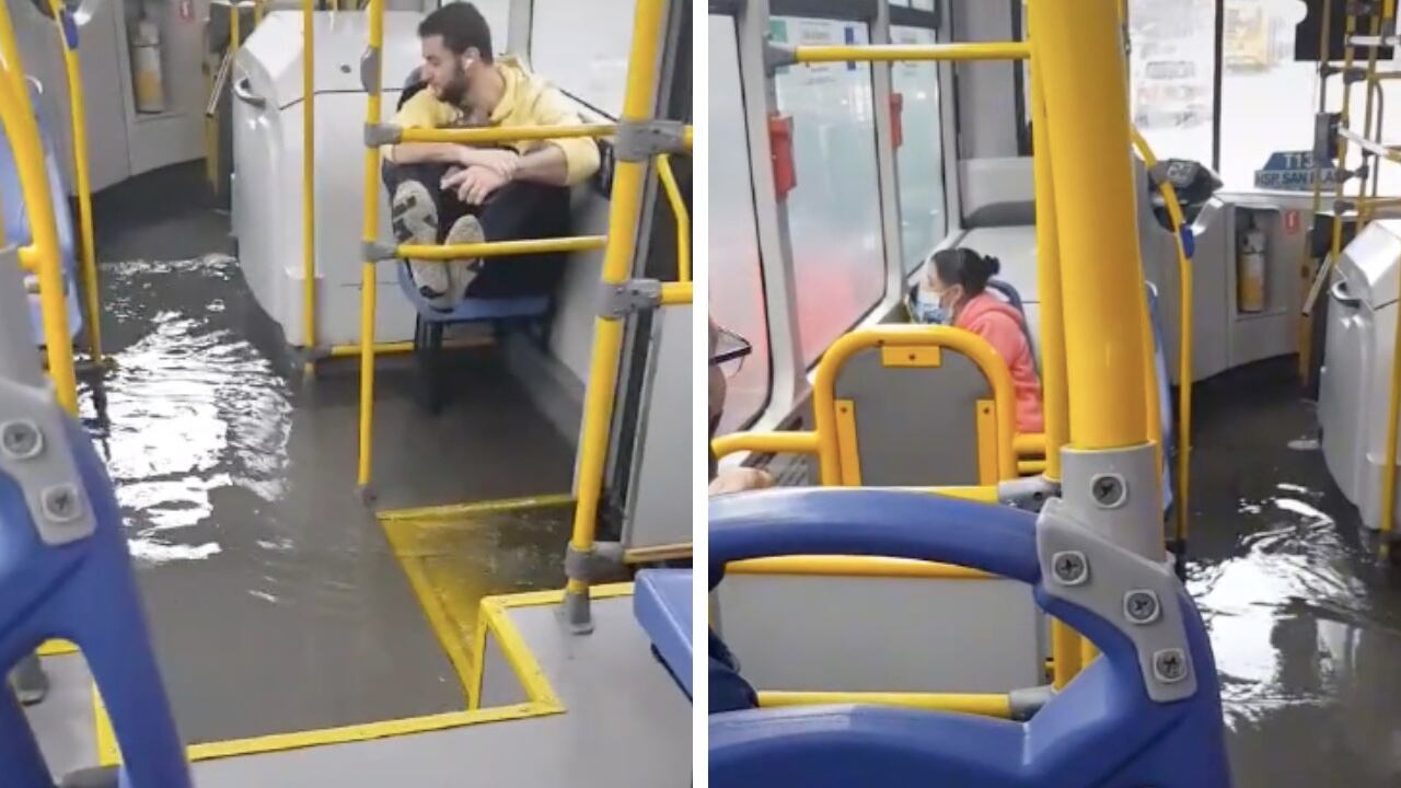 El bus del SITP se inundó por cuenta de las lluvias.
