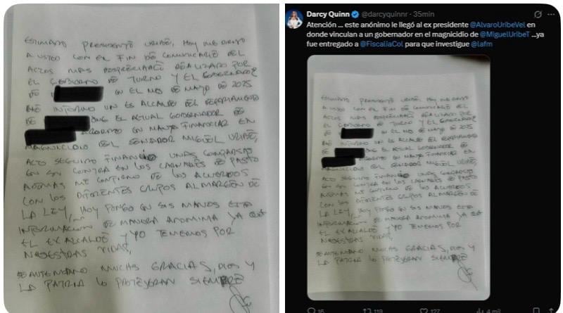 Carta anónima enviada a Álvaro Uribe Vélez donde dan nuevas pistas sobre el magnicidio de Miguel Uribe Turbay.