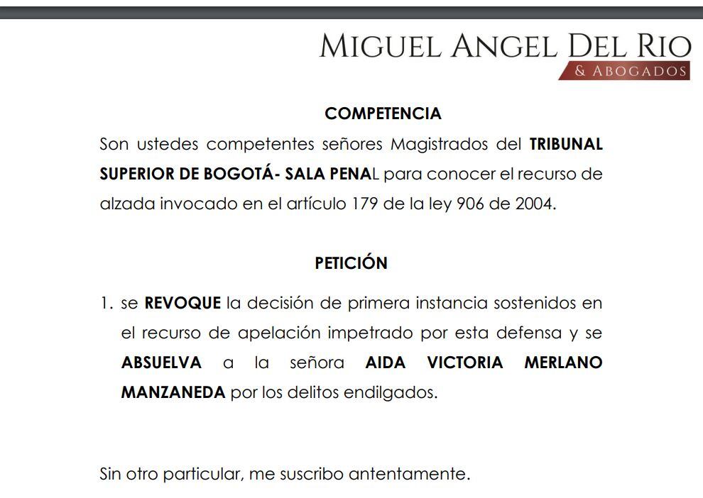 Aida Victoria Merlano radicó la apelación contra el fallo que la condenó.
