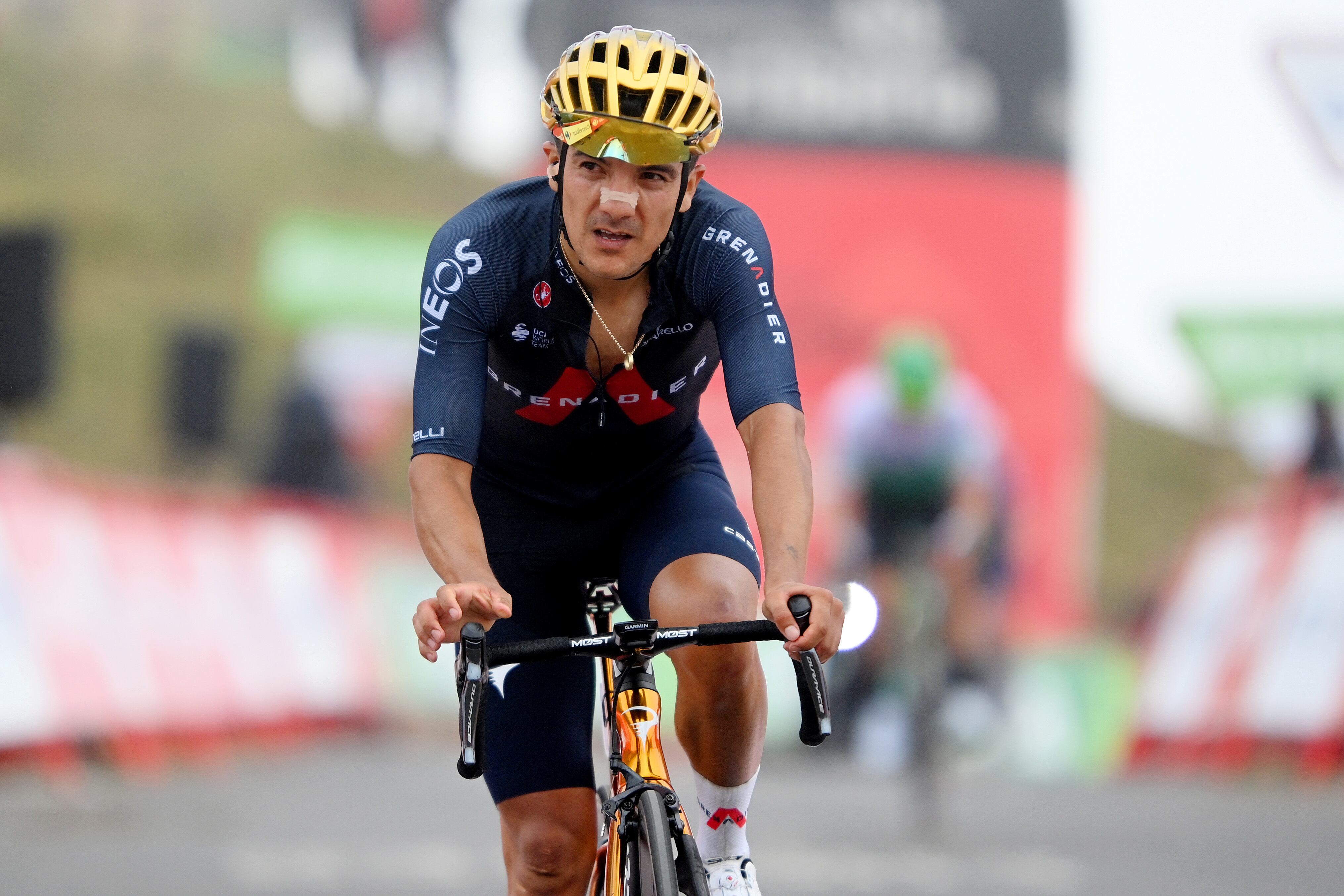 ESPINOSA DE LOS MONTEROS, SPAIN - AUGUST 16: Richard Carapaz of Ecuador and Team INEOS Grenadiers crosses the finishing line in the 76th Tour of Spain 2021, Stage 3 a 202,8km stage from Santo Domingo de Silos to Espinosa de los Monteros - Picón Blanco 1485m / @lavuelta / #LaVuelta21 / #CapitalMundialdelCiclismo / on August 16, 2021 in Espinosa de los Monteros, Spain. (Photo by Stuart Franklin/Getty Images)
