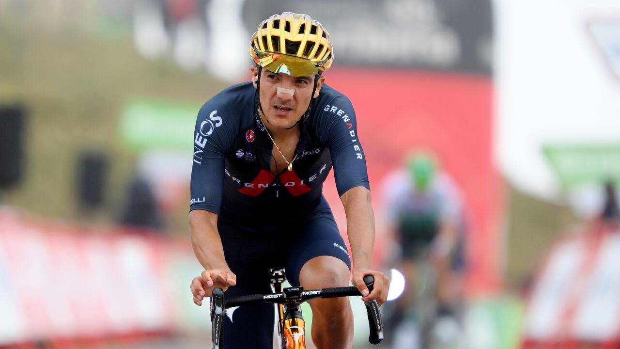 ESPINOSA DE LOS MONTEROS, SPAIN - AUGUST 16: Richard Carapaz of Ecuador and Team INEOS Grenadiers crosses the finishing line in the 76th Tour of Spain 2021, Stage 3 a 202,8km stage from Santo Domingo de Silos to Espinosa de los Monteros - Picón Blanco 1485m / @lavuelta / #LaVuelta21 / #CapitalMundialdelCiclismo / on August 16, 2021 in Espinosa de los Monteros, Spain. (Photo by Stuart Franklin/Getty Images)