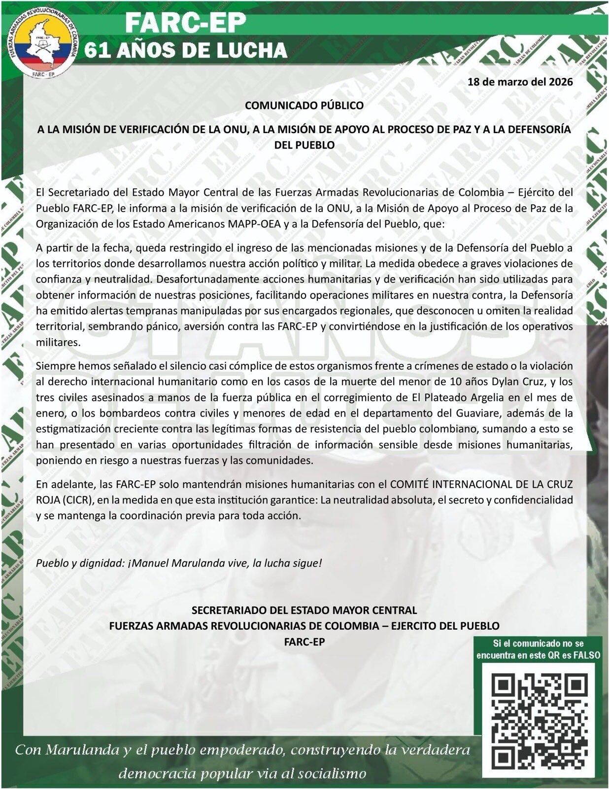 Este es el comunicado de las disidencias de las Farc.