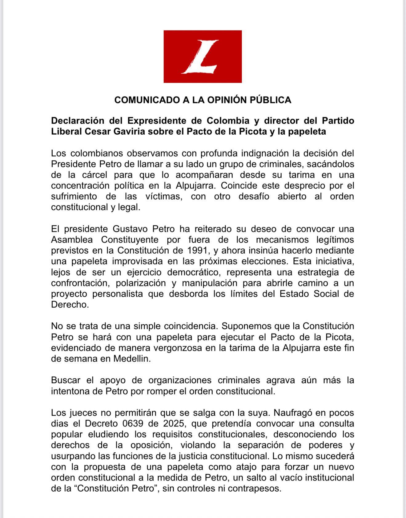 Comunicado del expresidente César Gaviria sobre evento de Petro en la Alpujarra.