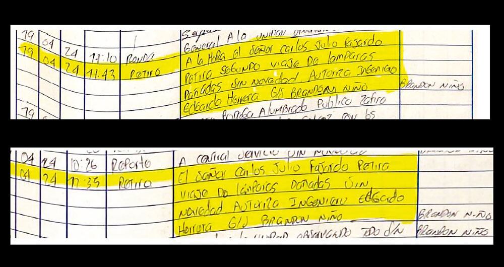 Registro de la guardia sobre movimientos en la bodega La Hormiga del Alumbrado Público de Bucaramanga.