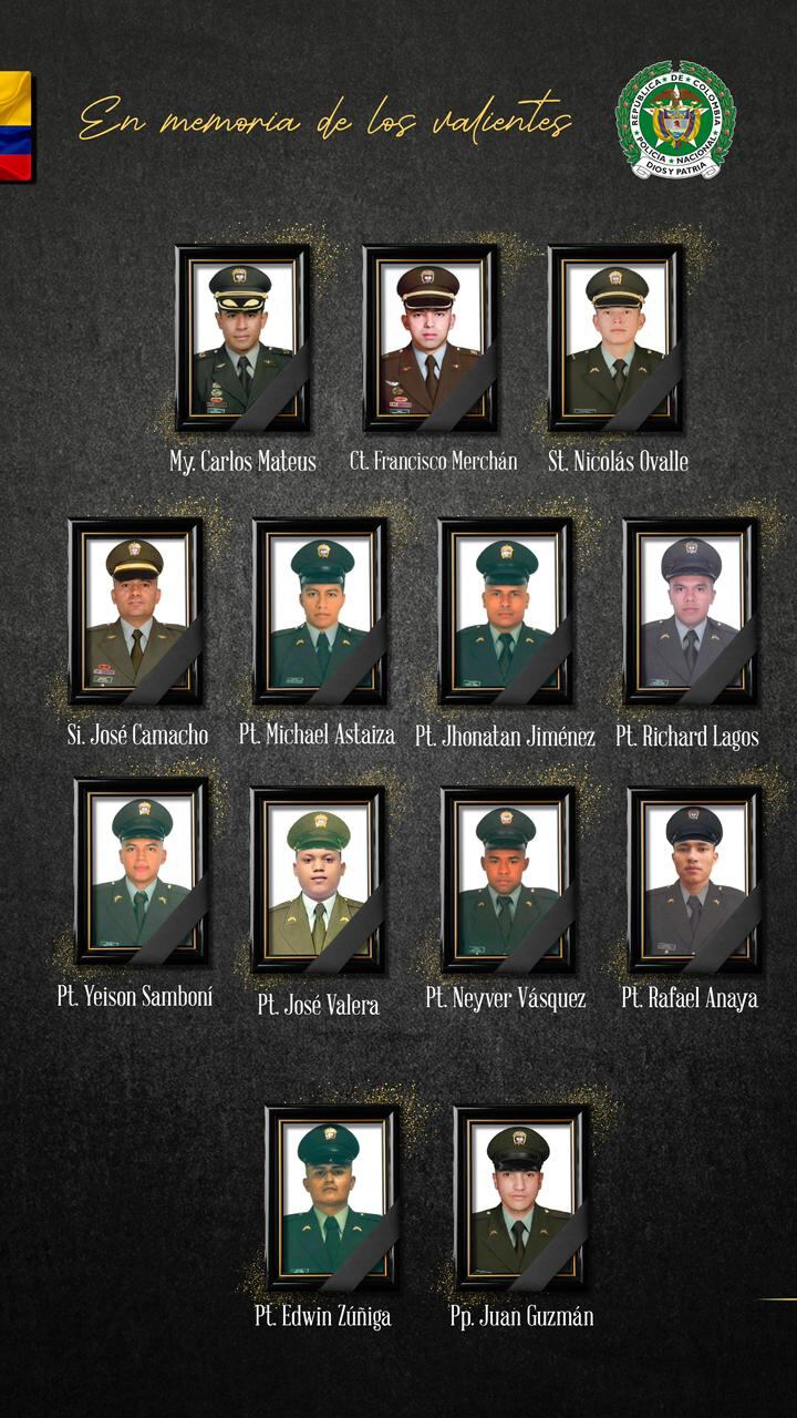 Los 13 héroes de la patria que perdieron la vida en el ataque en Amalfi, Antioquia. Su entrega y valor permanecerán en la memoria de Colombia.