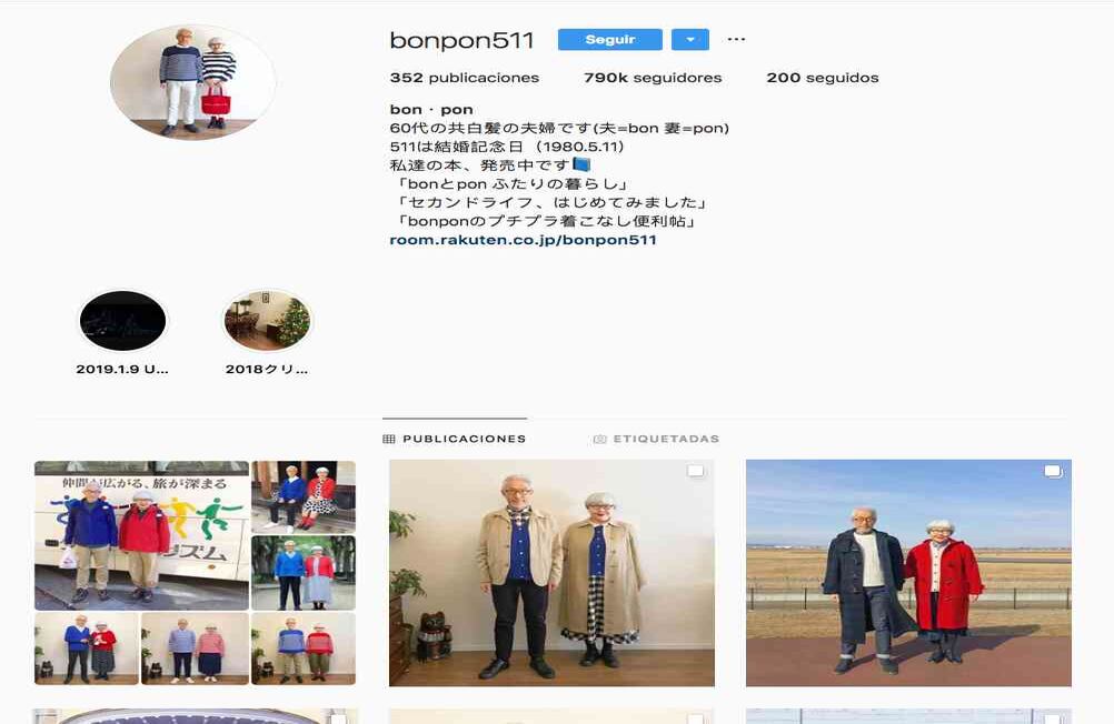 Bon y Pon @bonpon511. Casados hace treinta y siete años, esta pareja japonesa tiene miles de seguidores gracias a su estilo de vida, que incluye algo muy especial: combinar su apariencia. Bon y Pon son sus nombres, y pasean por el mundo tomándose divertidas fotografías en las que se muestran a tono, desde sus pelos blancos hasta los atuendos que usan. Recientemente publicaron Bon and Pon Two Of The Life, un libro que cuenta sus aventuras. 