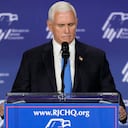Former Vice President Mike Pence speaks at an annual leadership meeting of the Republican Jewish Coalition, Saturday, Oct. 28, 2023, in Las Vegas. Pence is dropping his bid for the Republican presidential nomination, ending his campaign for the White House. He said in Las Vegas that "after much prayer and deliberation, I have decided to suspend my campaign for president effective today." (AP Photo/John Locher)