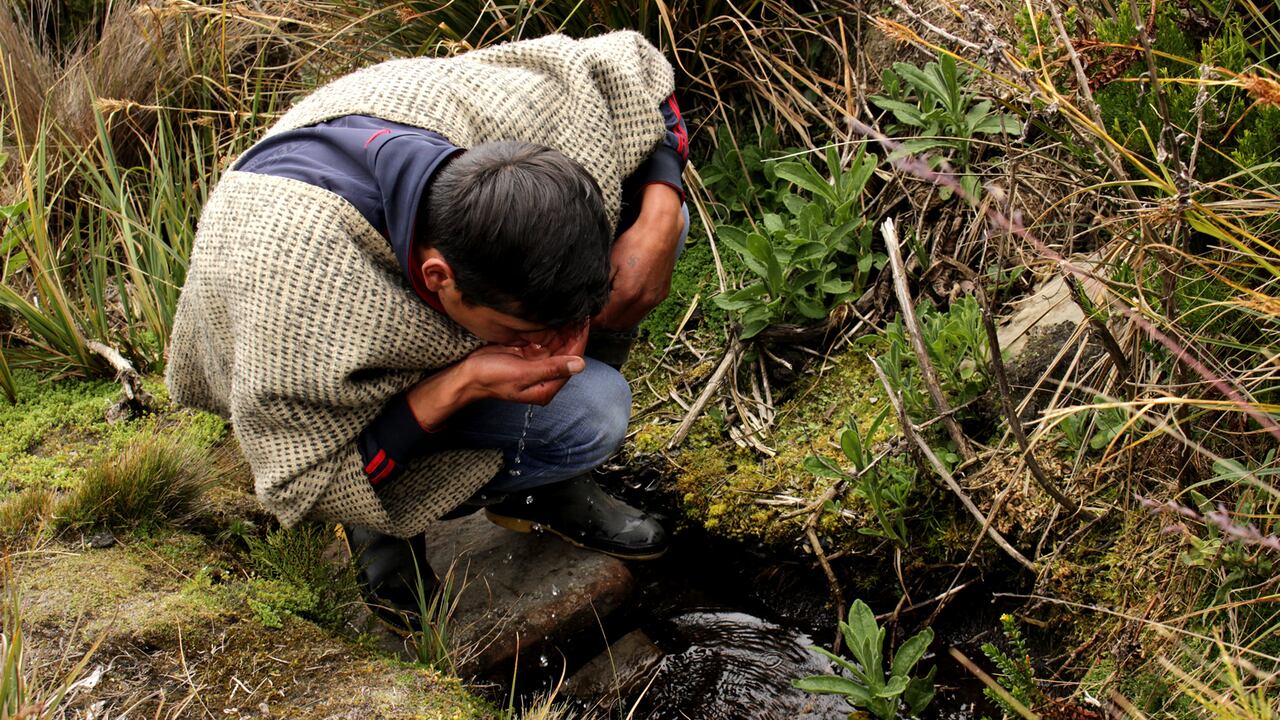 Un joven campesino bebe agua de un riachuelo de Sumapaz, el páramo más grande del mundo.