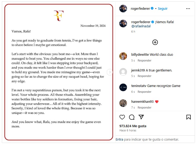 Carta de Roger Federer antes del adiós del tenis de Rafael Nadal