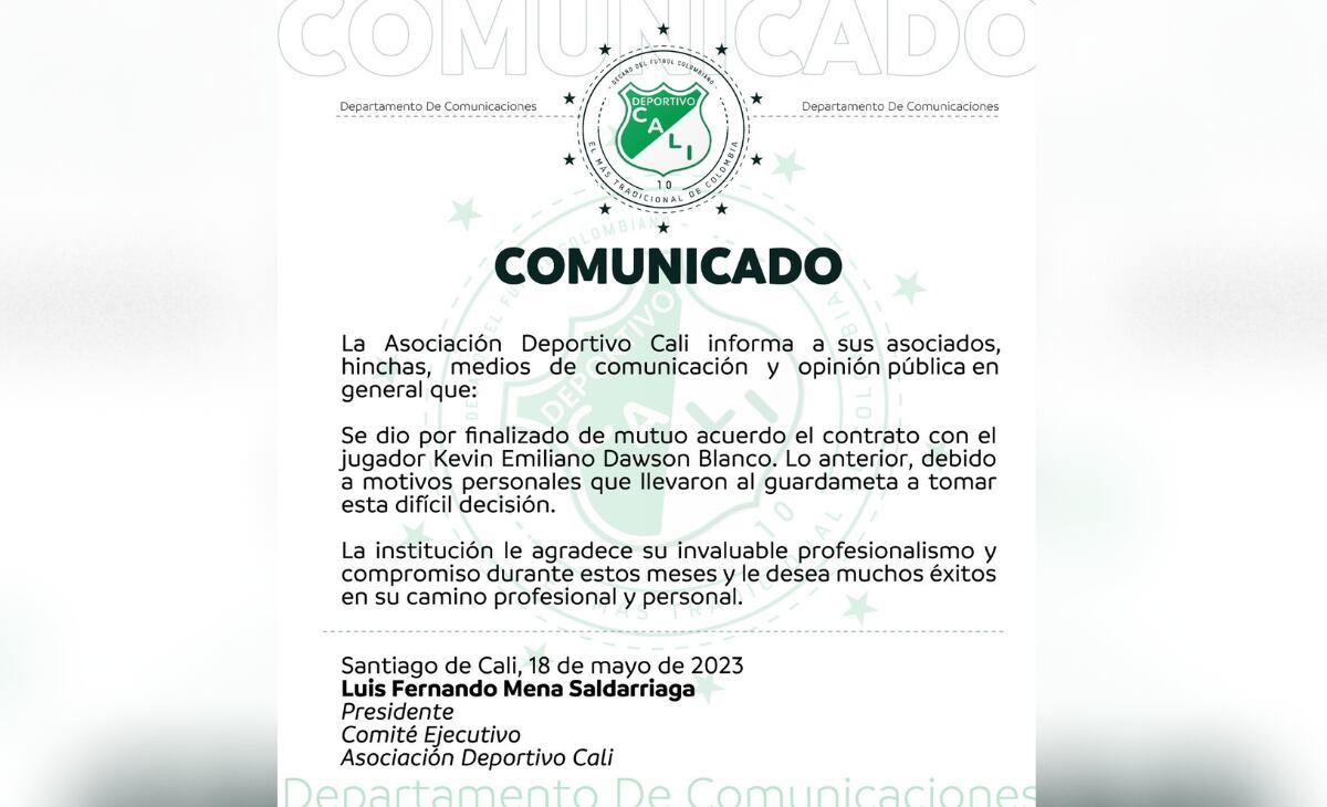 Comunicado Deportivo Cali sobre la salida de Dawson.