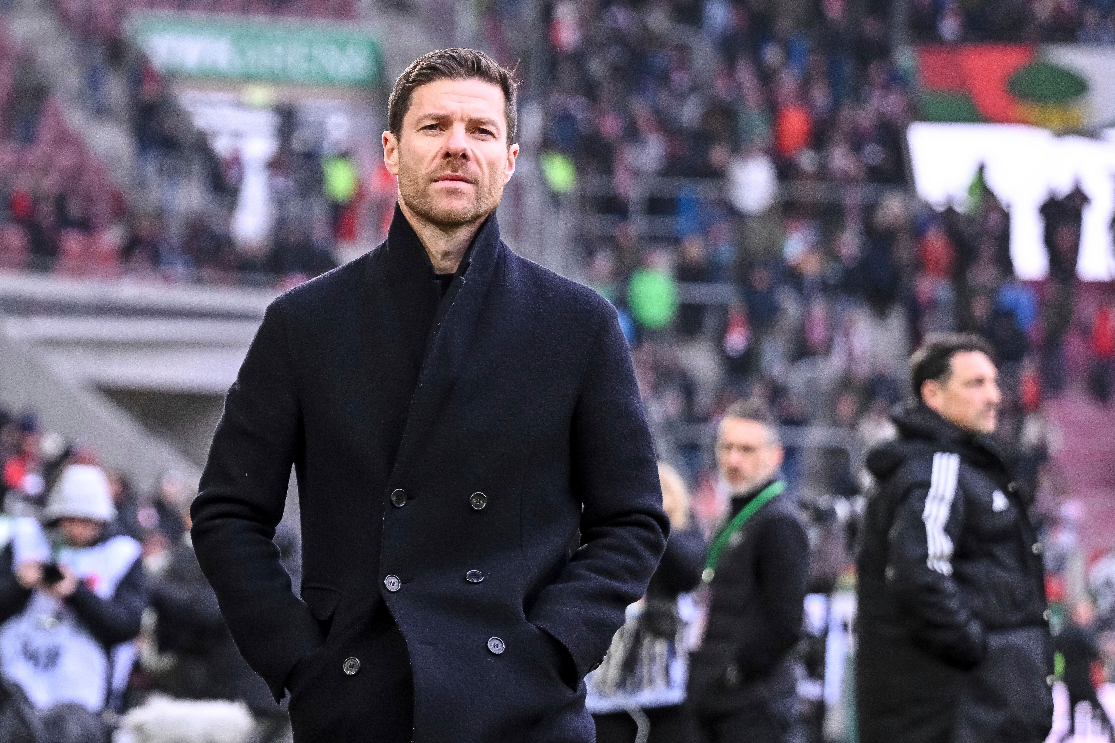 Leverkusen's head coach Xabi Alonso before the German Bundesliga soccer match between FC Augsburg and Bayer 04 Leverkusen in Augsburg, Germany, Saturday, Jan. 13, 2024. (Harry Langer/dpa via AP)