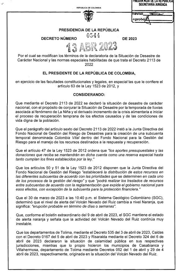 Decreto inclusión emergencia volcán Nevado del Ruiz en la declaratoria de desastre nacional