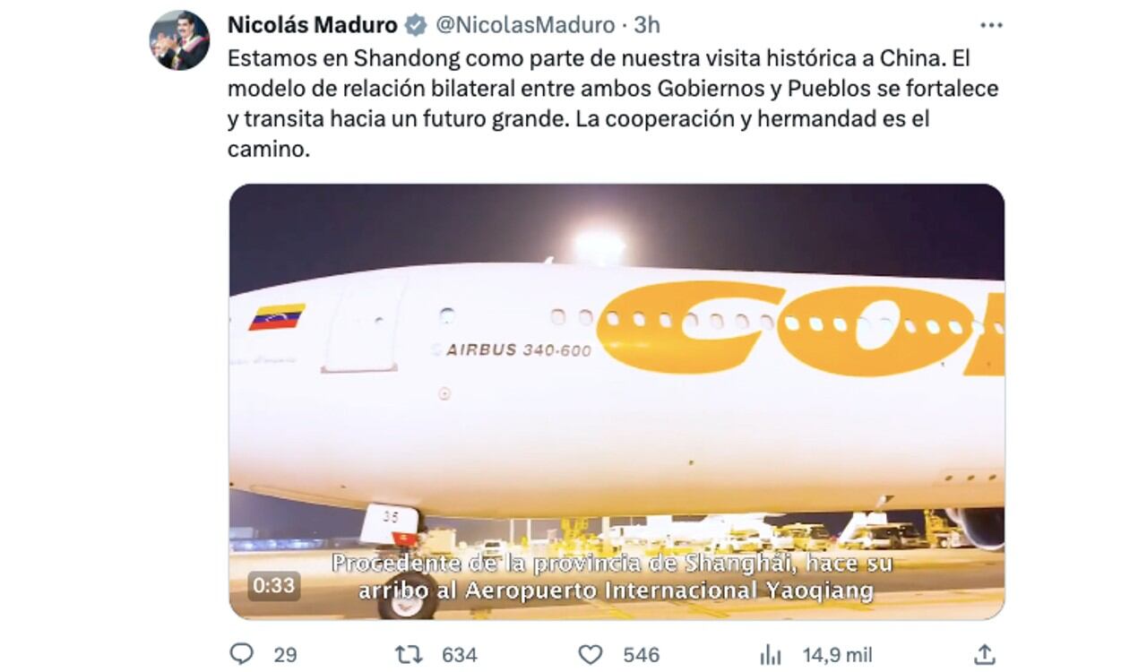 Así anunció Nicolás Maduro su llegada a Shandong