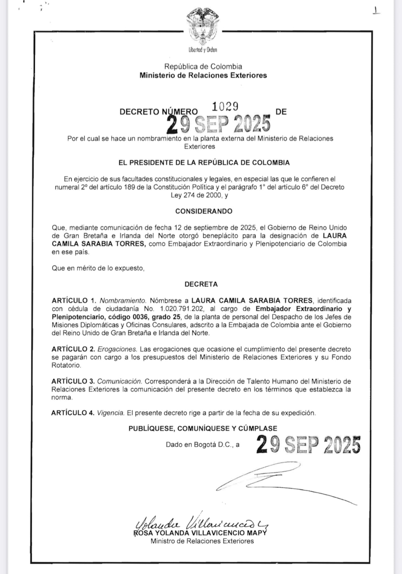 Decreto nombramiento Laura Sarabia como nueva embajadora de Colombia en el Reino Unido