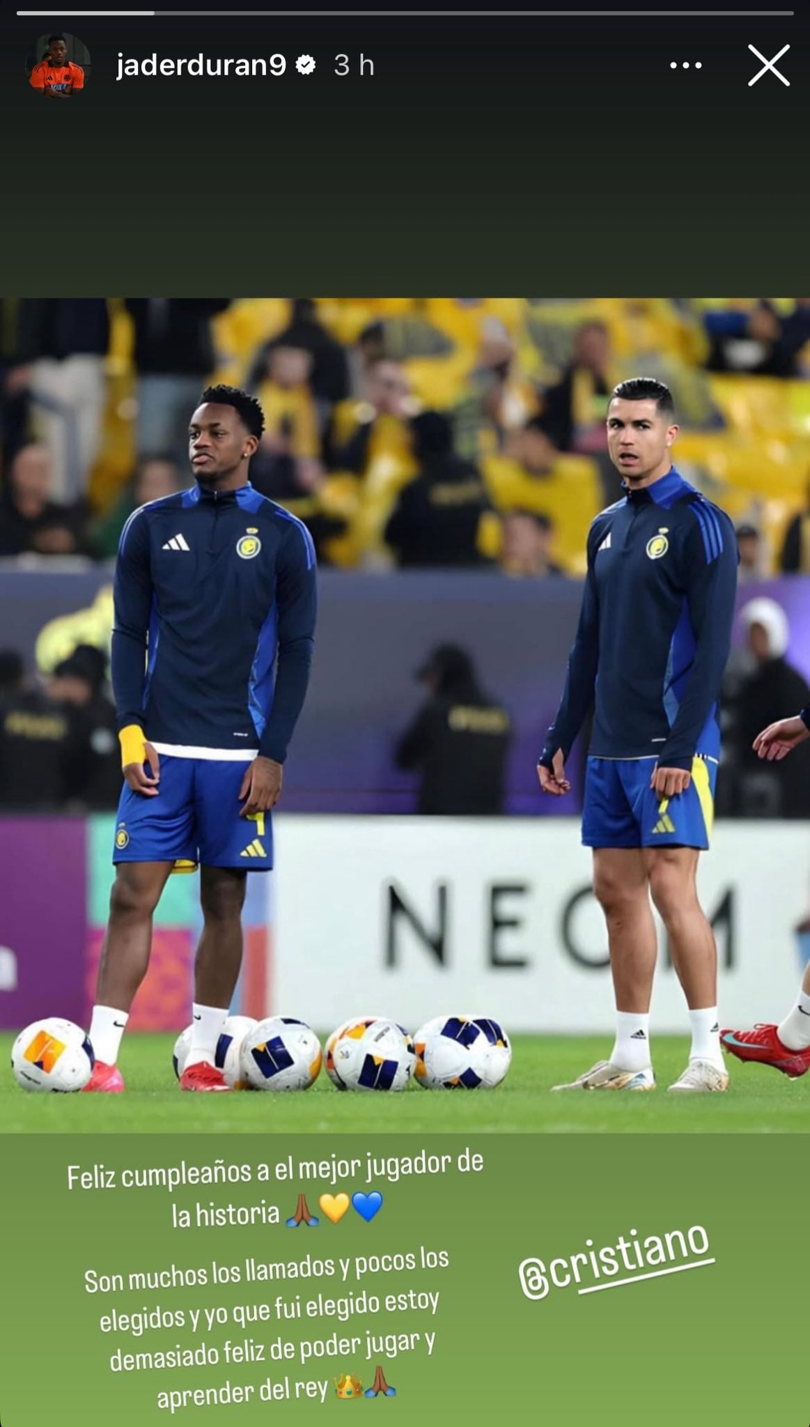Publicación de Jhon Durán para Cristiano Ronaldo