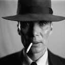 Cillian Murphy es J. Robert Oppenheimer en OPPENHEIMER, escrita y dirigida por Christopher Nolan. Este es un escaneo de un cuadro de cinta de 70mm B&N IMAX.