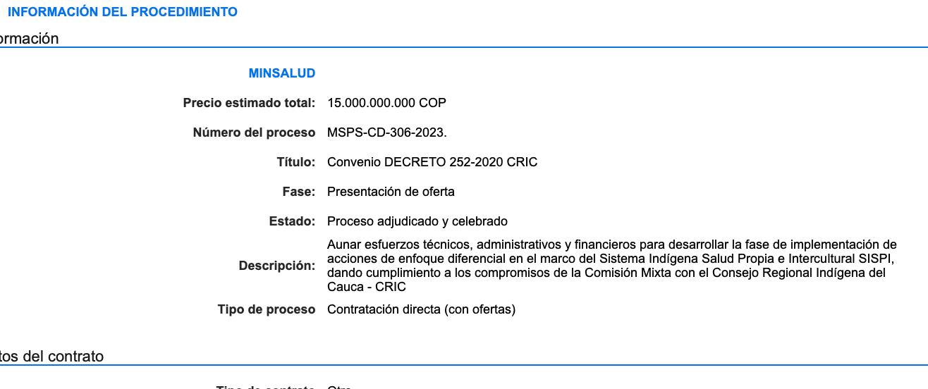 Contrato del Ministerio de Salud con el Cric.
