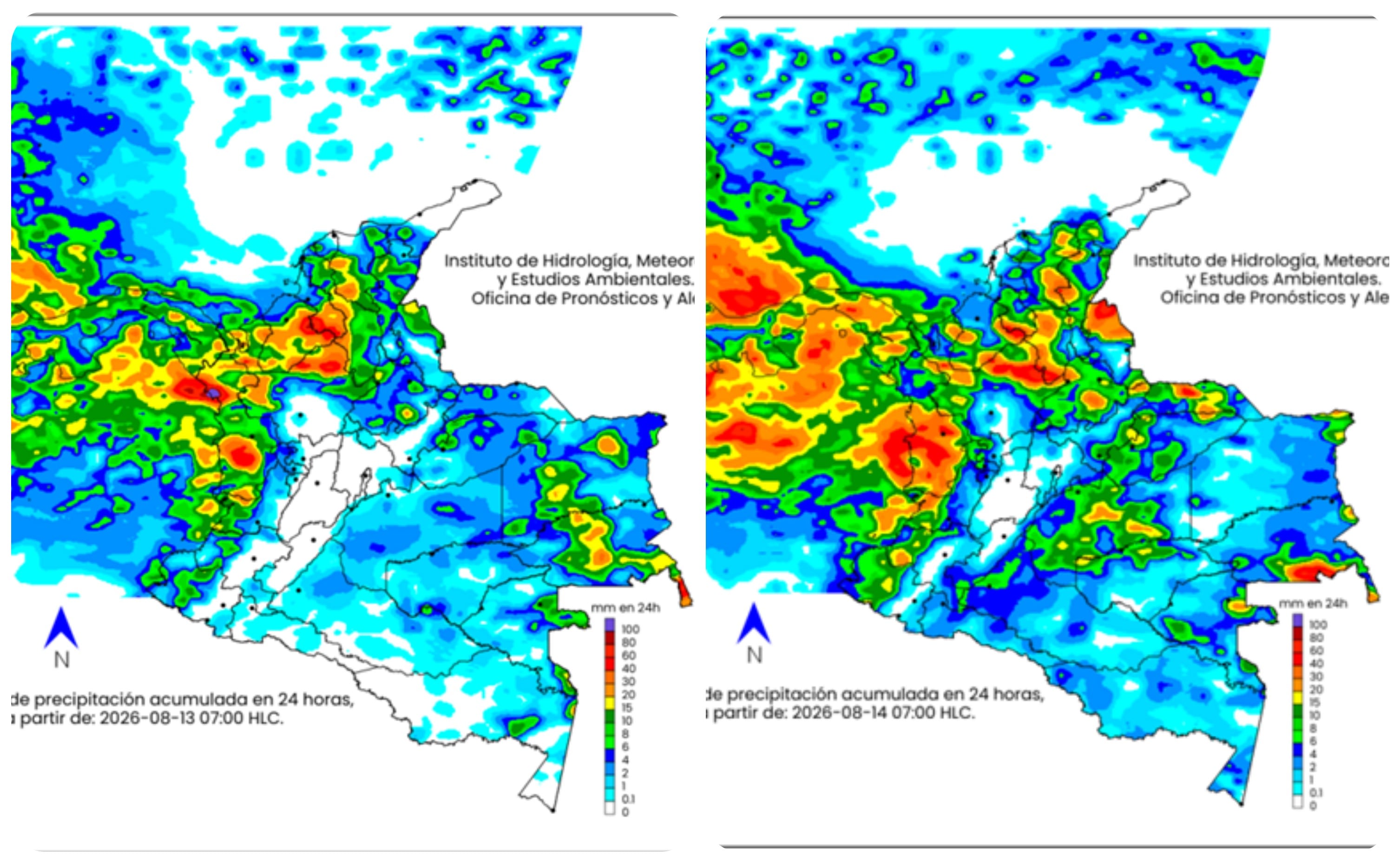 Mapa del clima en Colombia para el jueves 13 y viernes 14 de agosto.