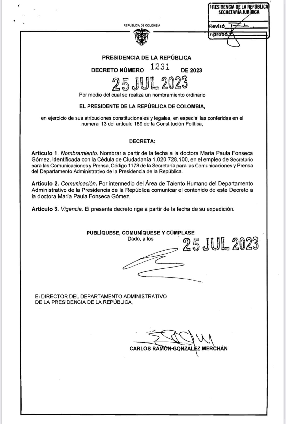 Decreto Consejera Presidencial de Comunicaciones