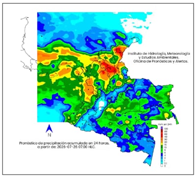 Mapa del clima en Colombia para el domingo 26 de julio.