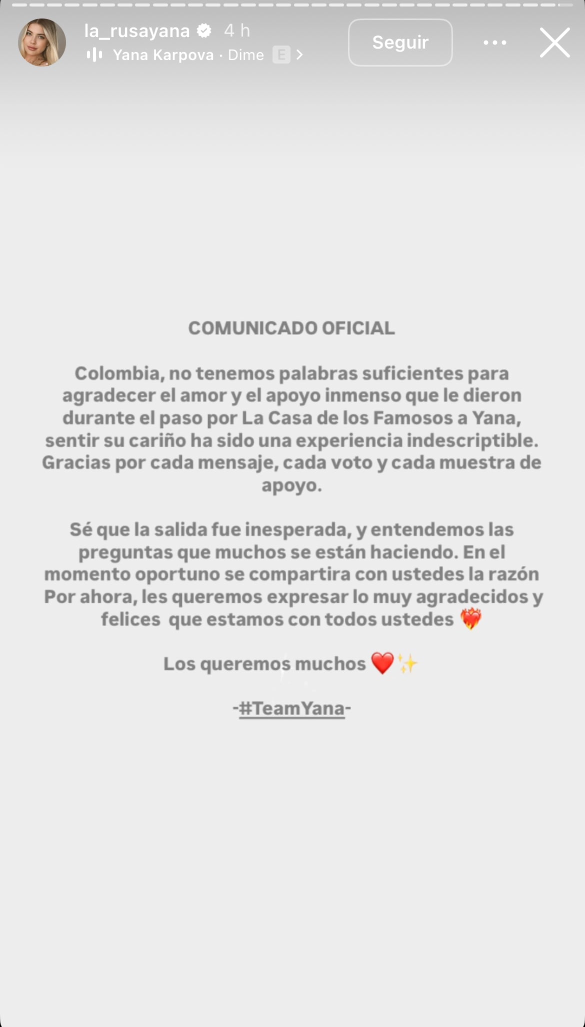 Yana Karpova se pronunció, luego de abandonar 'La casa de los famosos'