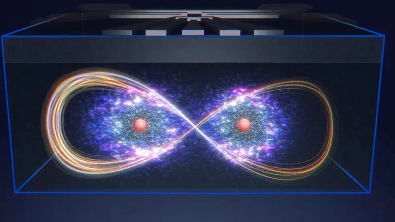 Impresión artística de dos espines nucleares entrelazados remotamente mediante un electrón, avance clave para la computación cuántica en silicio.