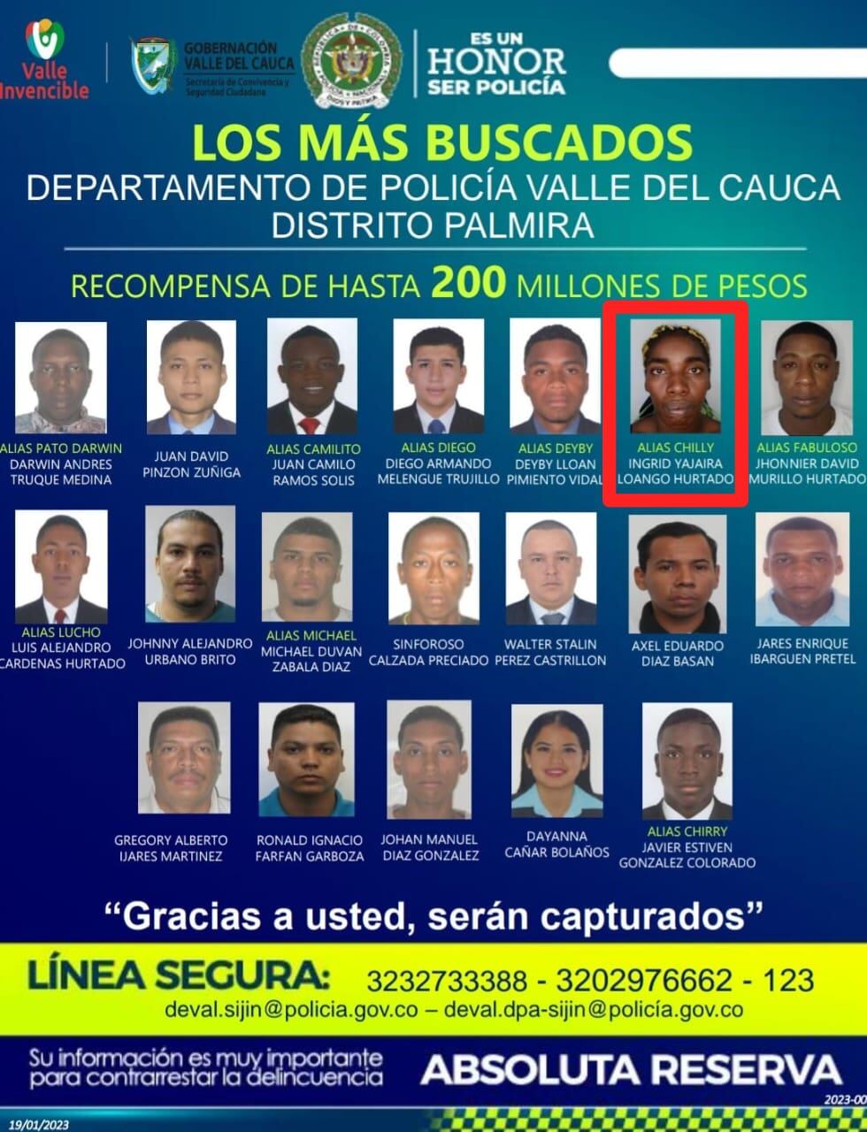 Cartel de los más buscados en el Valle del Cauca.