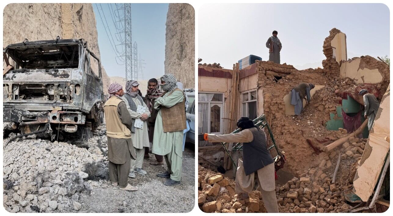 Funcionarios locales conversan junto a un camión calcinado, cuyo fuego se originó por cables de alta tensión, mientras intentan llegar a las zonas afectadas durante el potente terremoto de magnitud 6.3 que sacudió una zona rural del distrito de Khulm