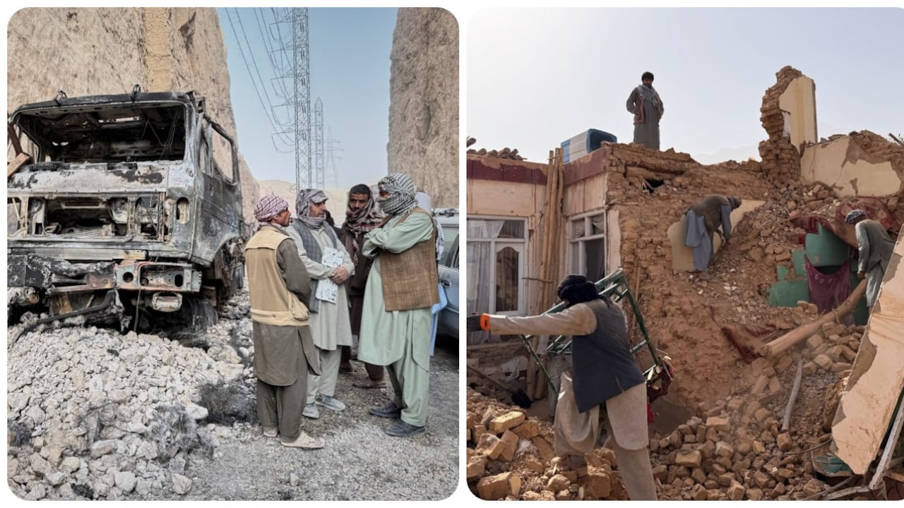 Funcionarios locales conversan junto a un camión calcinado, cuyo fuego se originó por cables de alta tensión, mientras intentan llegar a las zonas afectadas durante el potente terremoto de magnitud 6.3 que sacudió una zona rural del distrito de Khulm