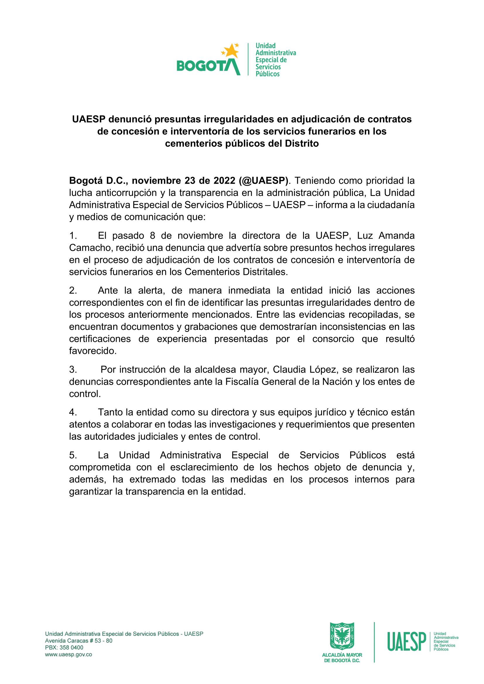 Comunicado emitido por la Unidad Administrativa Especial de Servicios Públicos, UAESP.