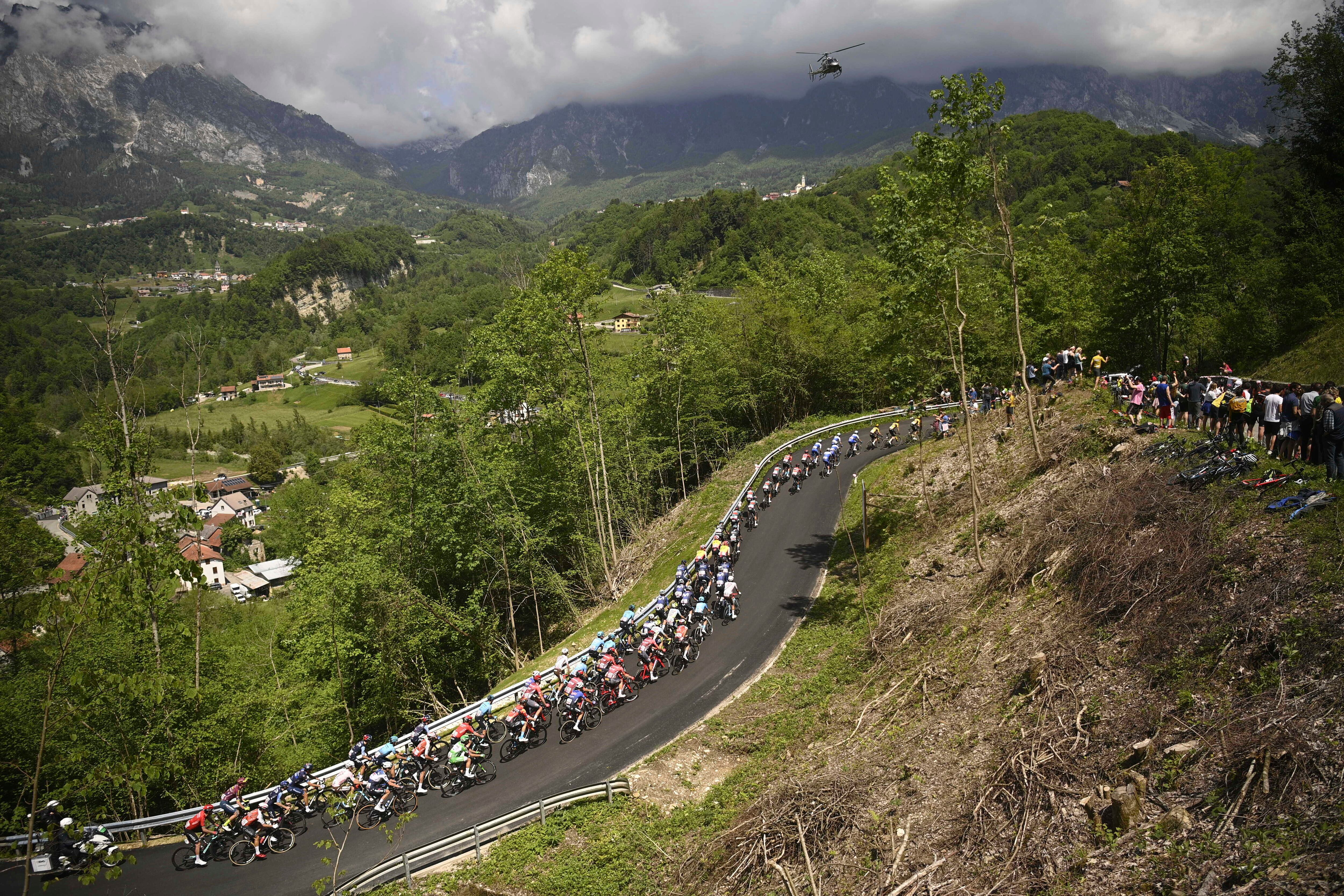 Cyclists pedal during the 18th stage of the Giro D'Italia, tour of Italy cycling race, from Oderzo to Val di Zoldo, Italy, Thursday, May 25, 2023. (Fabio Ferrari/LaPresse via AP)
