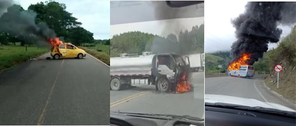 Vehículos quemados durante el "paro armado" en Antioquia.