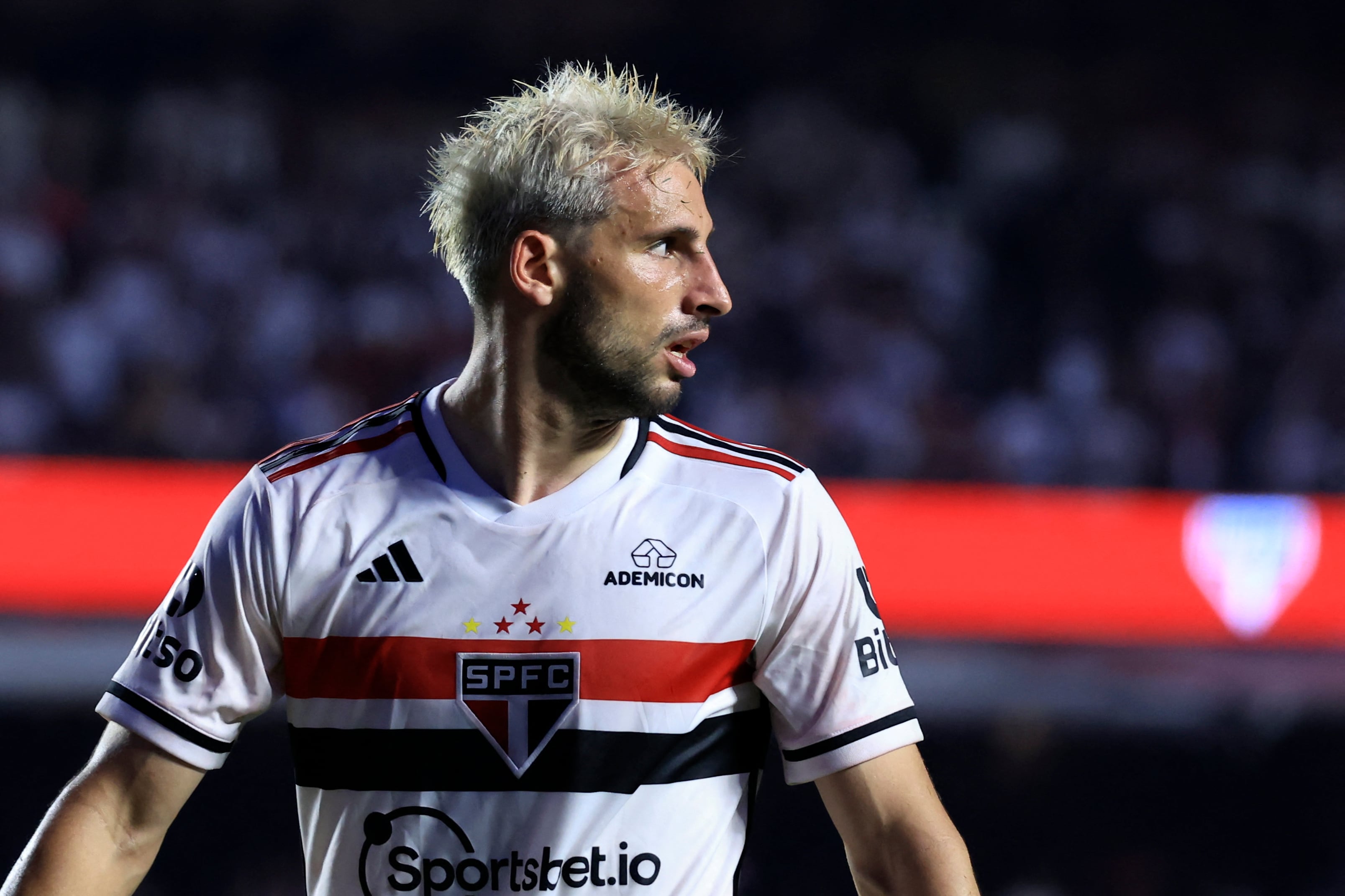 Sao Paulo's forward Jonathan Calleri gestures during the Copa do Brasil final second leg football match between Flamengo and Sao Paulo at the Morumbi stadium in Sao Paulo, Brazil, on September 24, 2023. (Photo by Marcello Zambrana / AFP)