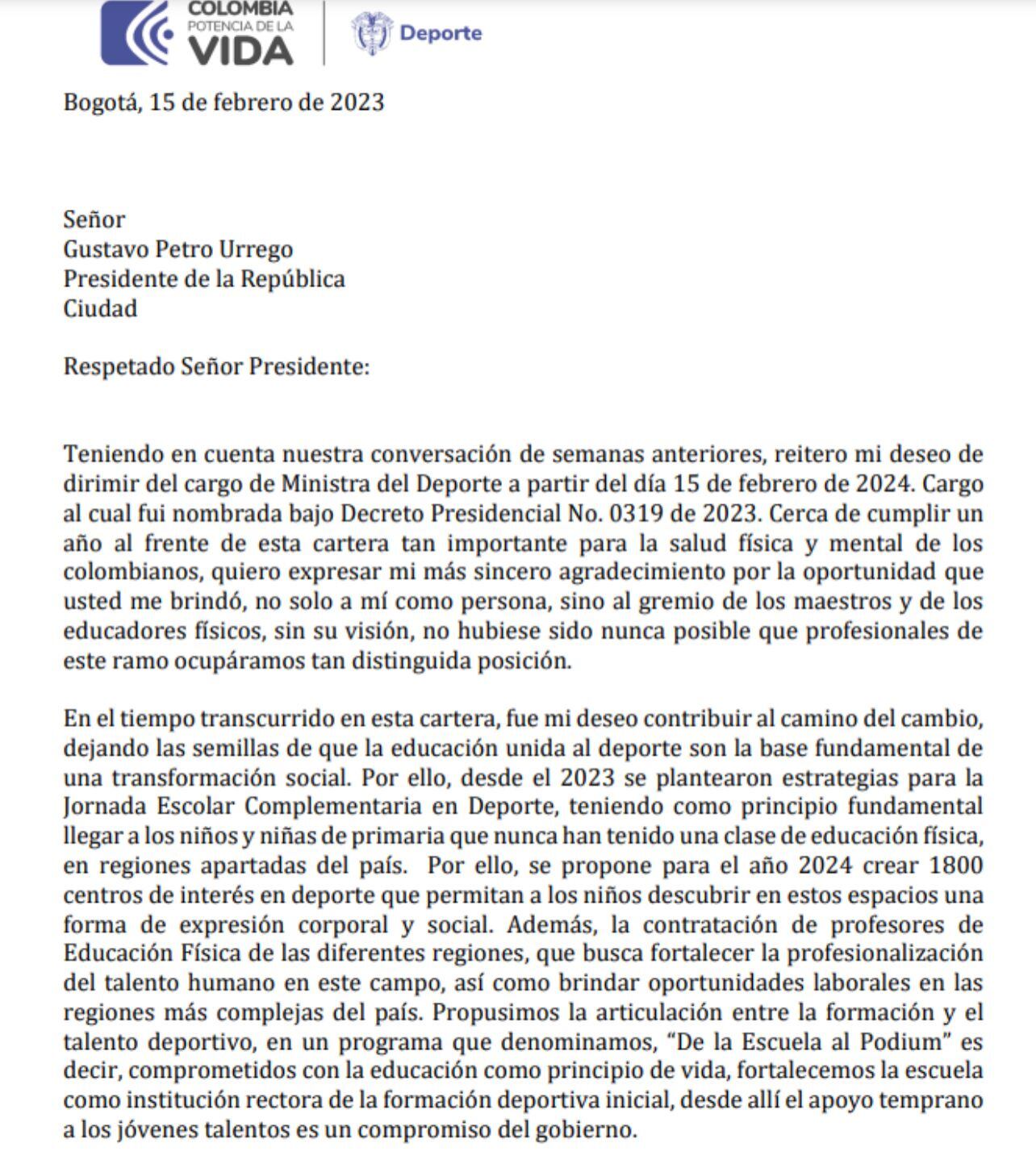 La carta de renuncia de la Ministra.