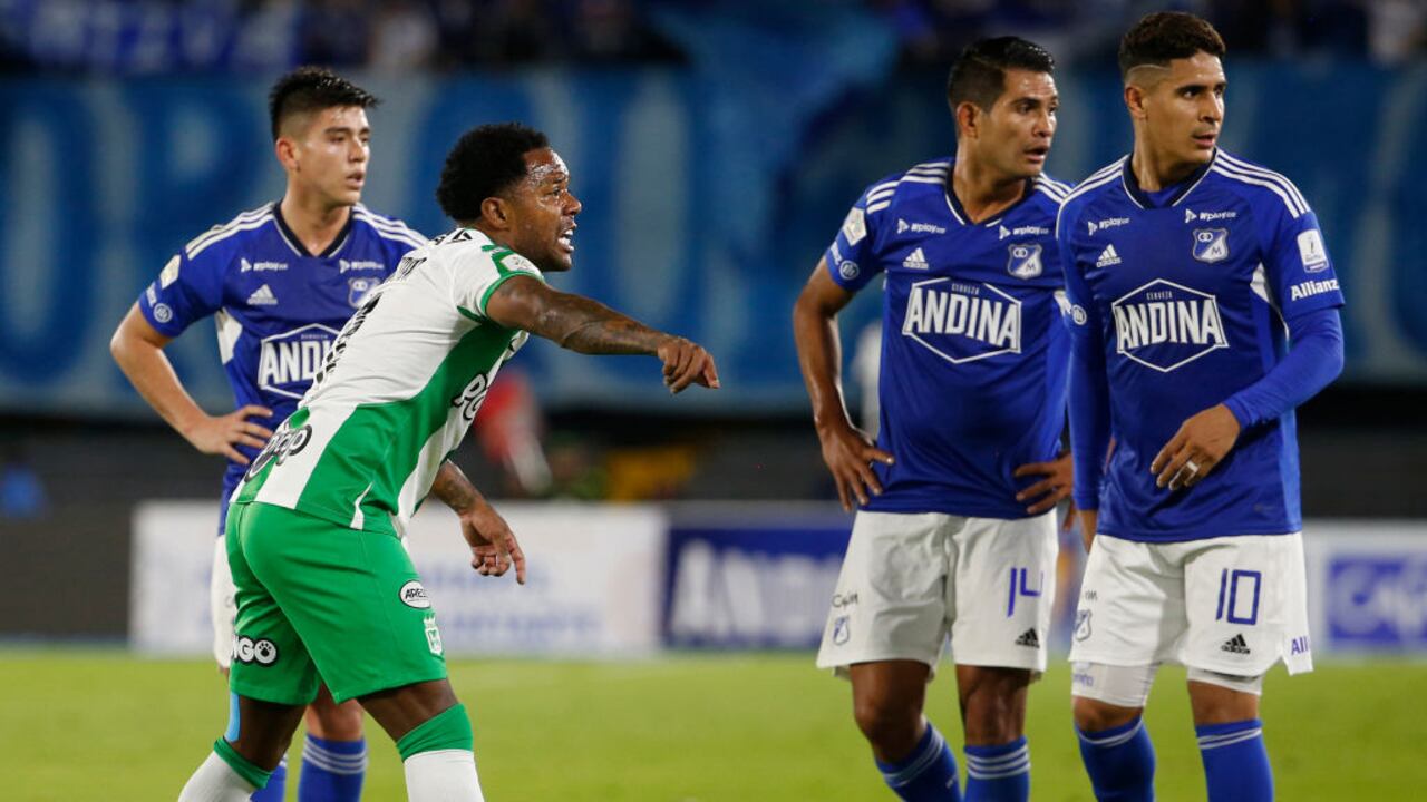 BOGOTA, COLOMBIA - NOVEMBER 15: Dorlan Pabon of Nacional argues during the Copa Betplay first leg final football match between Millonarios and Atletico Nacional at El Campin stadium on November 15, 2023 in Bogota, Colombia. (Photo by John Vizcaino/VIEWpress via Getty Images)
