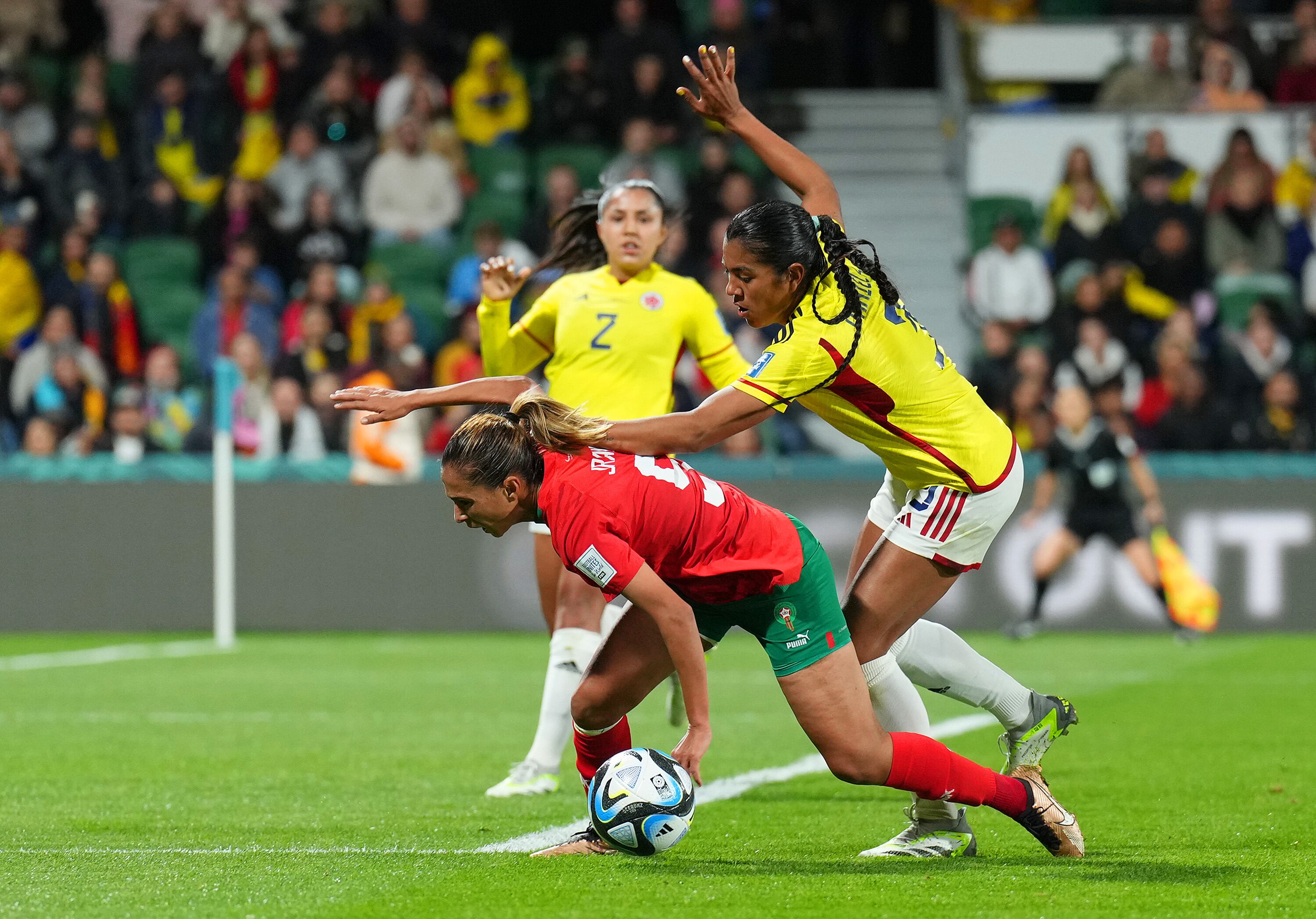 PERTH, AUSTRALIA - AUGUST 03: Ibtissam Jraidi of Morocco is fouled by Daniela Arias of Colombia resulting in a penalty to Colombia during the FIFA Women's World Cup Australia & New Zealand 2023 Group H match between Morocco and Colombia at Perth Rectangular Stadium on August 03, 2023 in Perth, Australia. (Photo by Aitor Alcalde - FIFA/FIFA via Getty Images)