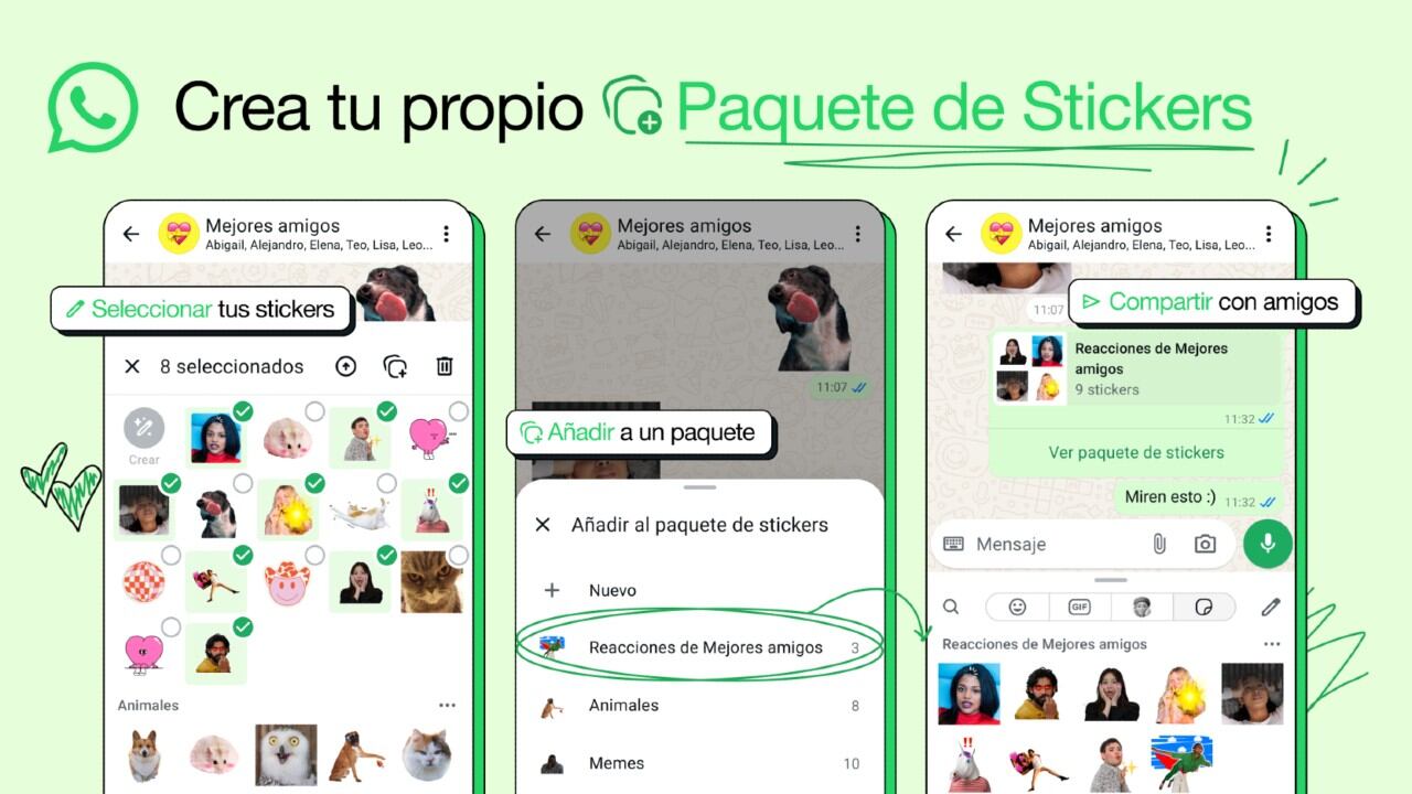 Estas carpetas permiten organizar los stickers según contexto, emoción o temática: reacciones, fútbol, famosos, memes, objetos, etc.