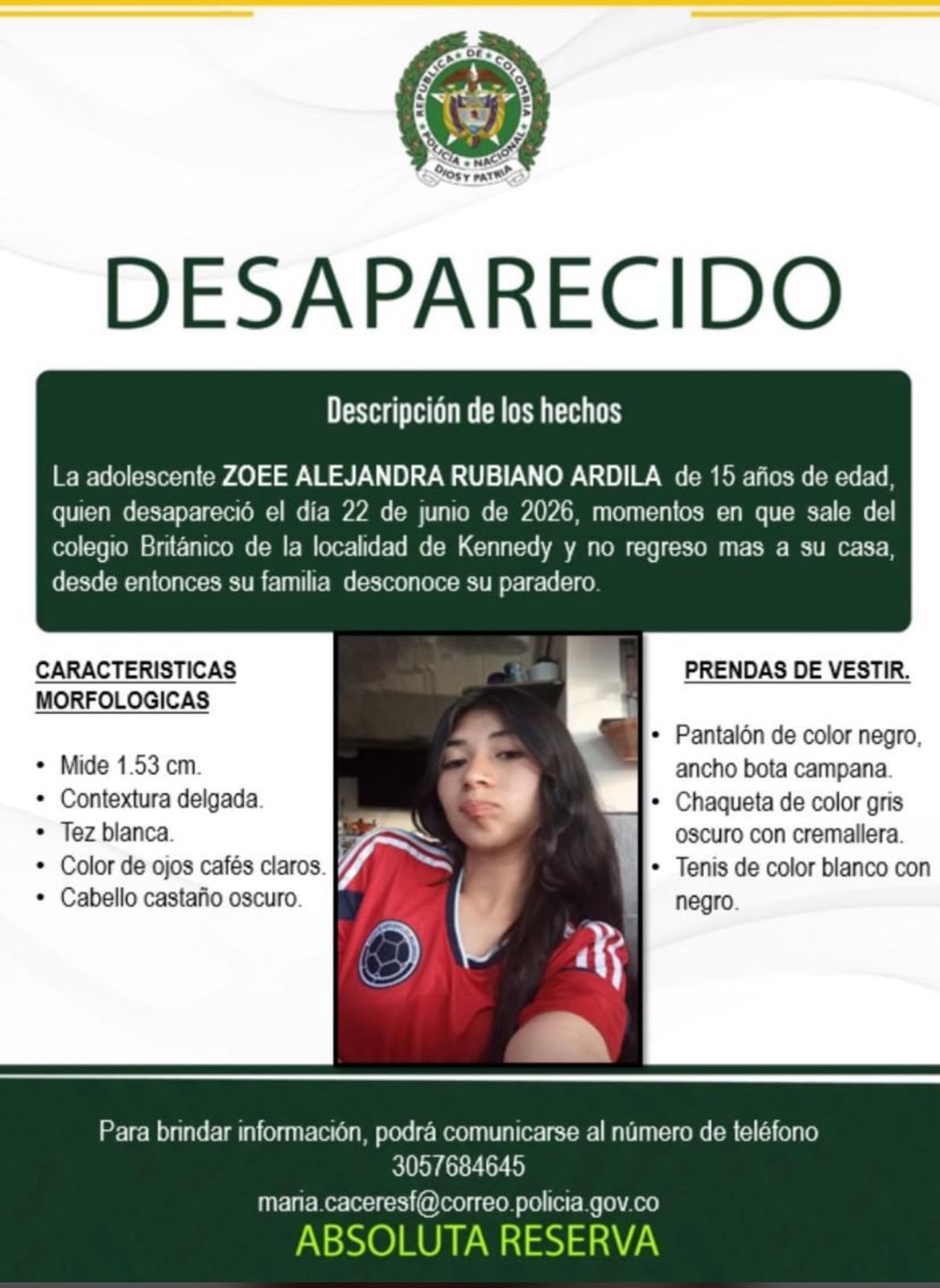 Zoee Alejandra Rubiano Ardila, joven desaparecida.