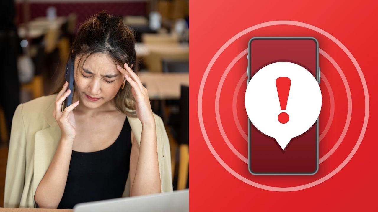 Mujer se agarra la cabeza mientras habla por celular.