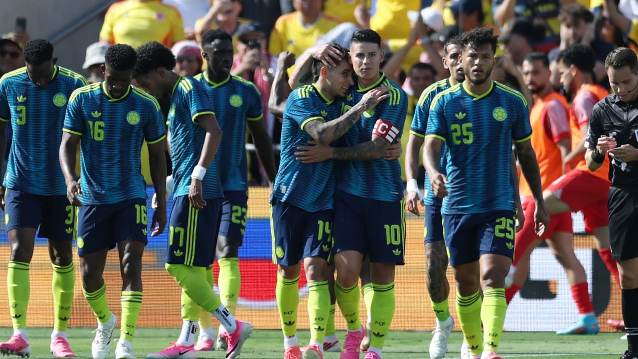 Colombia celebrando su triunfo ante Jordania en amistoso.