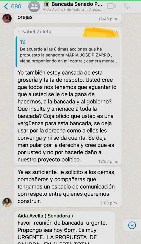 Así trata la senadora Isabel Zuleta a su compañero Paulino Riascos.