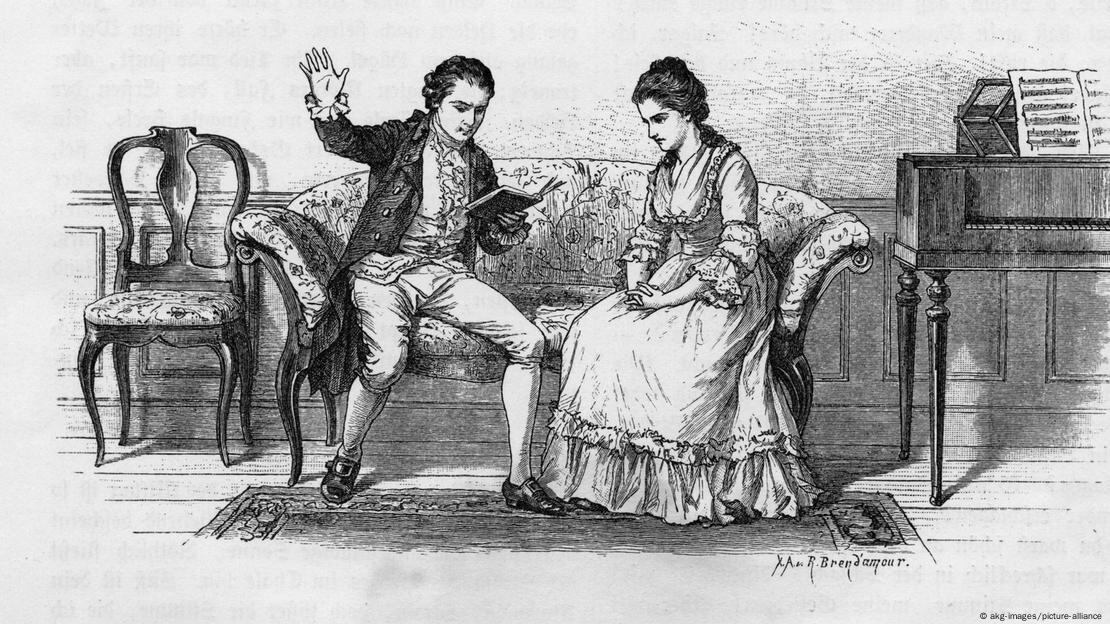 Grabado: Werther le lee a Lotte un pasaje de un libro.