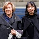 Portuguese author Lidia Jorge (L) and South Korean author Han Kang pose after winning jointly the Medicis Prize for a foreign novel in Paris on November 9, 2023. (Photo by Geoffroy VAN DER HASSELT / AFP)