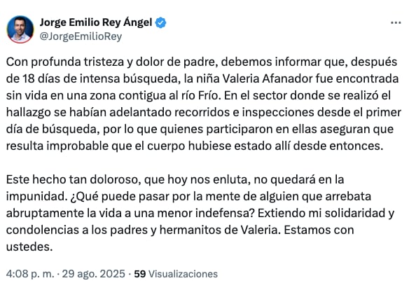 La publicación del gobernador Jorge Emilio Rey.