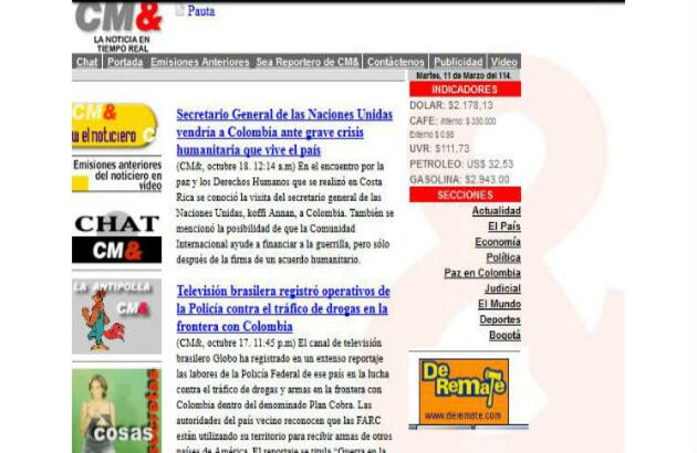 CM& fue pionero en ofrecer videos en la web en 2000, con la emisión en vivo del noticiero. La página estaba llena de animaciones Gif como la de Paola Turbay y la "Antipolla".